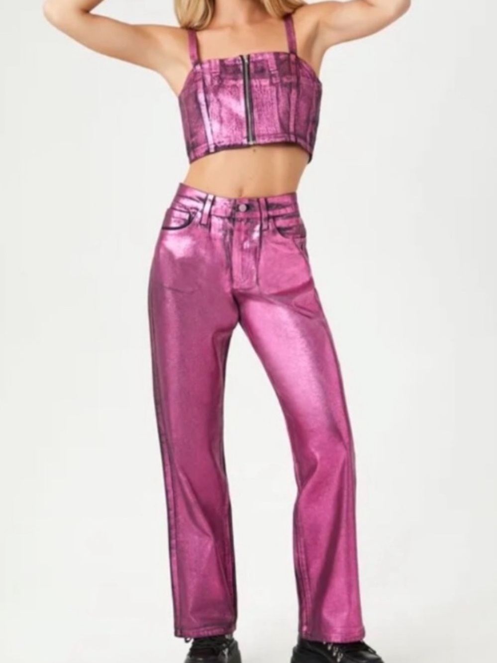 Forever 21 Shimmering Pink Straight Leg Pants Set Top Metallic Shine matching L